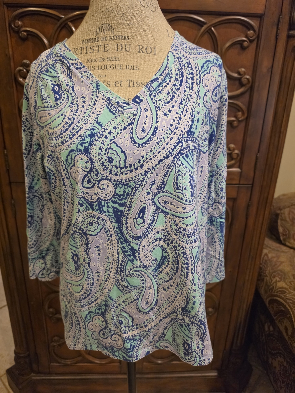 Caribbean Joe Blue and Mint Paisley V-Neck